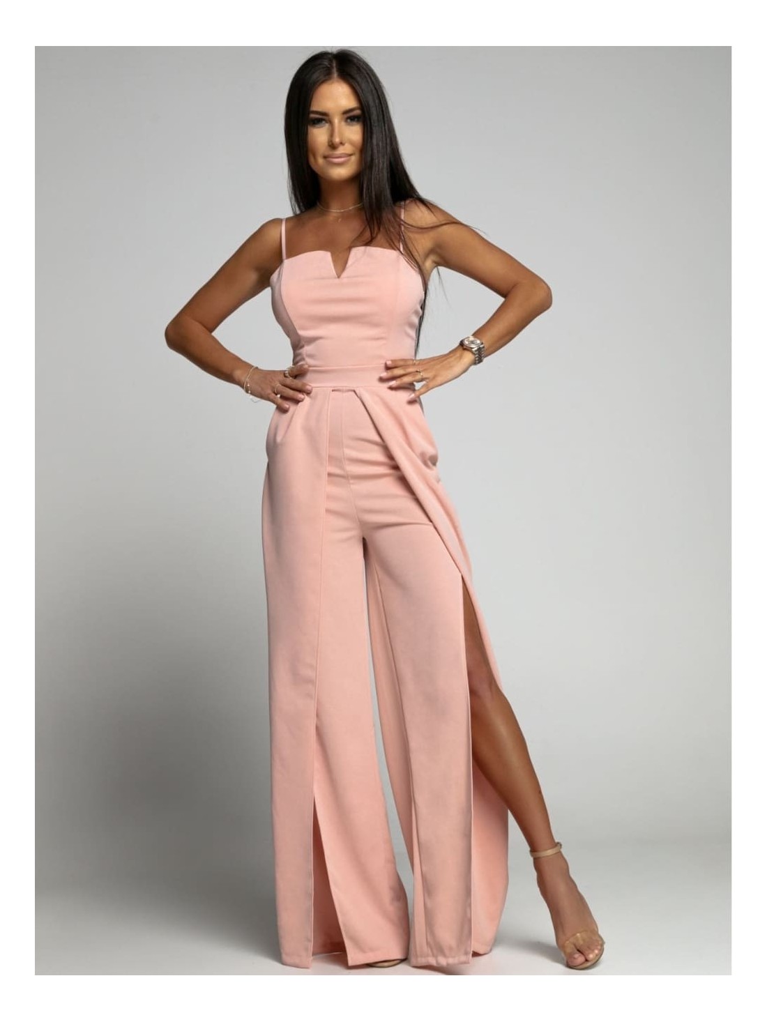 Elegant jumpsuit with straps and slits, pink AZRT035